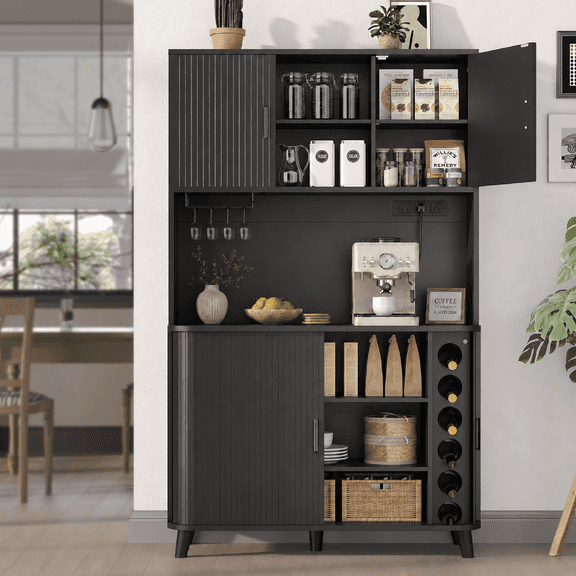 Aufeile 71" Tall Pantry Storage Cabinet, Modern Coffee Bar Hutch with Tambour Sliding Door, Freestanding Kitchen Storage Cupboard with Charging Station & Microwave Stand for Dining Room, Black