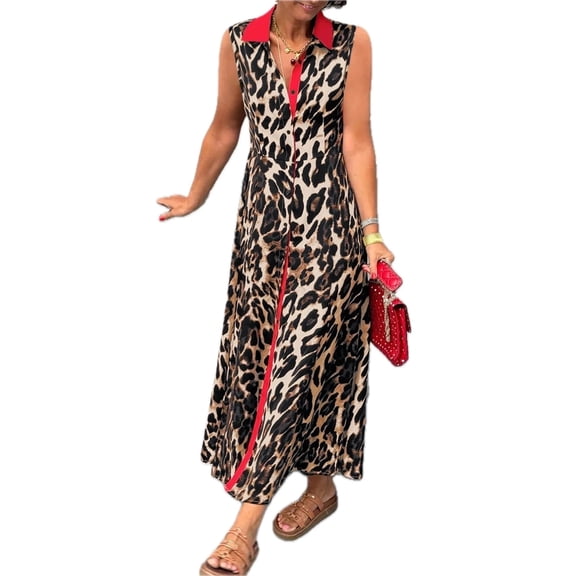 Women's Plus Size Leopard Print Sleeveless Maxi Dress with Stretch and Flowing Skirt 95% Polyester 5% Spandex