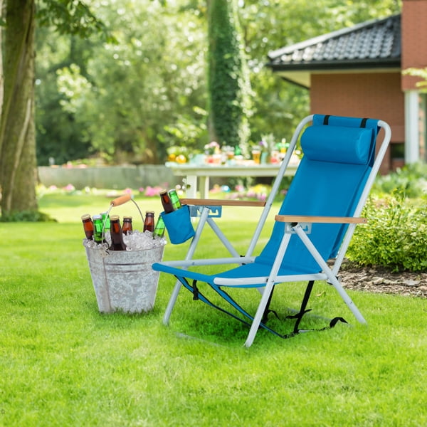 2 Pack Beach Chairs with Headrest & Cup Holder, Portable Backpack Camping Chairs 4-Position Lightweight Folding Chairs Support 265lbs - Blue