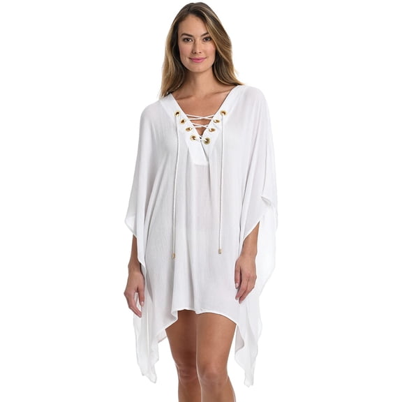 La Blanca Women's Capri Lace Front Beach Caftan Dress Swimwear Cover Up-White / M