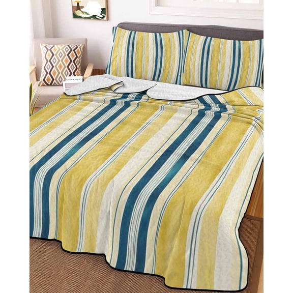Blue Yellow Striped Twin Size Down Alternative Comforter, Lightweight Comforter Quilt Bedding Set with Pillow Shams Watercolor Modern Stripes Art All Seasons Bed Comforter Duvet Insert 68"x86"