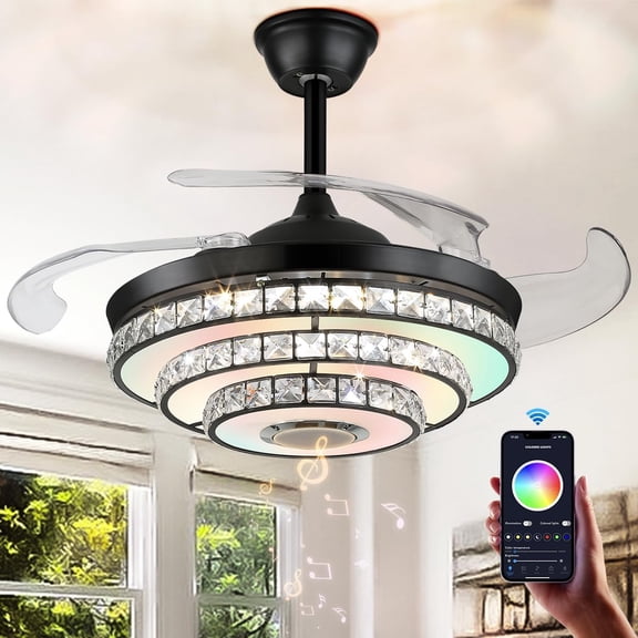 MORE CHANGE 42" Crystal Chandelier Ceiling Fan with Light Bluetooth Speaker, Modern Black Retractable Fandelier Ceiling Fan and Remote RGB Colors Reversible Blades for Living Room