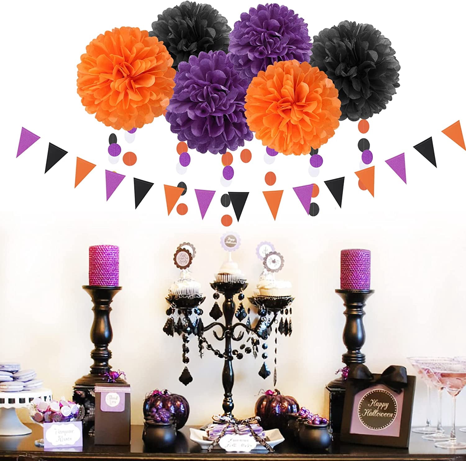 Black Purple Orange Halloween Party-Decorations - 23pcs Tissue Pom Poms Streamers,Tassel Garland Banner,Graduation 2025 Birthday Wedding Baby Bridal Shower Decor Bunting