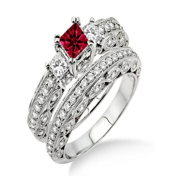 2 Carat Princess Cut Red Ruby And Diamond Moissanite Wedding Ring Antique Milgrain Trilogy Bridal Ring Set in 10K White Gold, Gift For Her, Promise Ring, Anniversary Ring