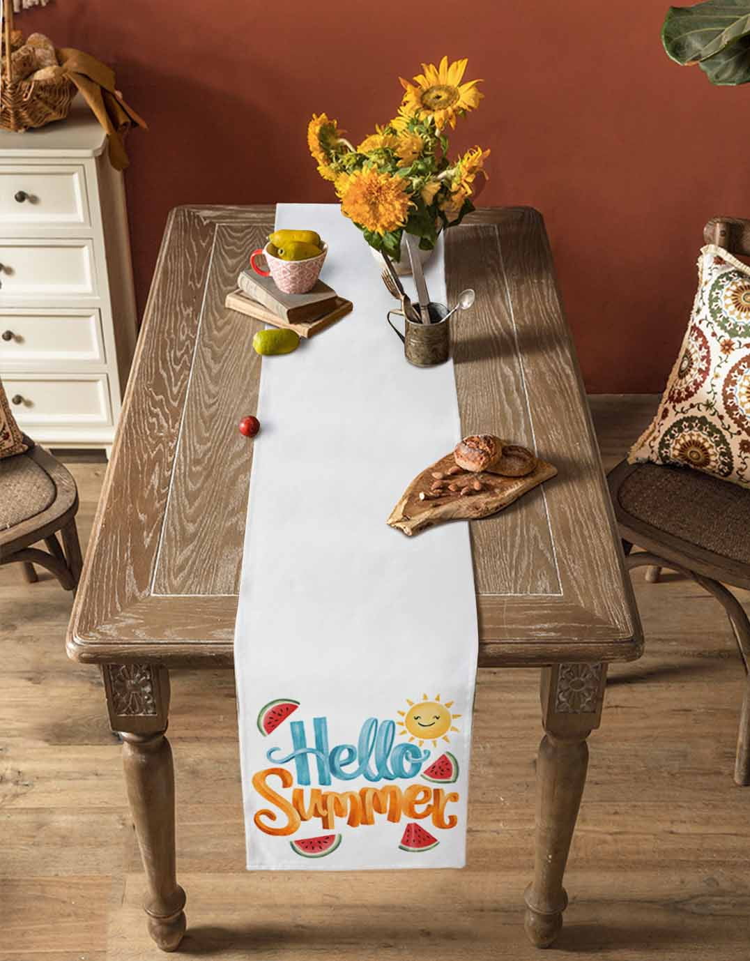 Hello Summer Burlap Cotton Table Runner 14x72 Inches Long, Watercolor Watermelon Tropical Fruit Farmhouse Table Runners, Outdoor Dining Tablecloths Decor for Baby Shower/Party/Wedding
