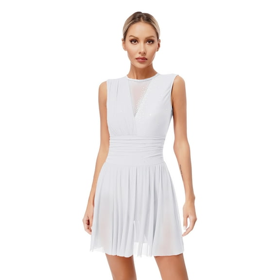 Yeahdor Women's Lyrical Dance Dress Rhinestone Figure Skating Dresses Sleeveless Ballet Dancewear White XXL
