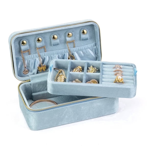 TAIMY  Velvet Travel Jewelry Box, Double-Layer Jewelry Organizer, Portable Display Case for Rings, Earrings, Necklaces, and Bracelets (blue)