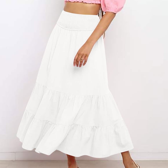 Women's Stretchy High Waist Ruffle Asymmetrical Hem Flowy Midi Skirt on Clearance White M