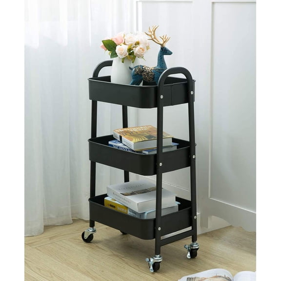 Black 3 Tier Movable Rolling Organizer Cart for Makeup, Kitchen, Garage, and