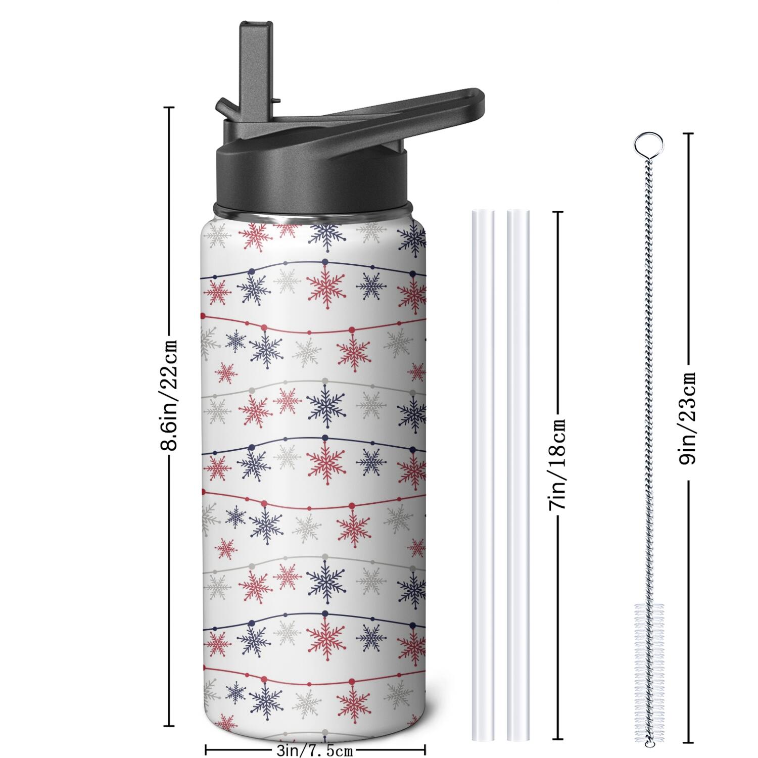 Christmas 18 oz Insulated Stainless Steel Water Bottle with Straw & Cleaning Brush , Leakproof, BPA-Free, 304 Stainless Steel, Wide Mouth, Travel Mug for Car, Gym, Office