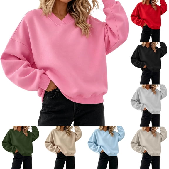 Inverlee Oversized V Neck Crewneck Sweatshirts for Women Long Sleeve Drop Shoulder Pullovers Solid Basic Loose Fit Casual Daily Tops White S-XL