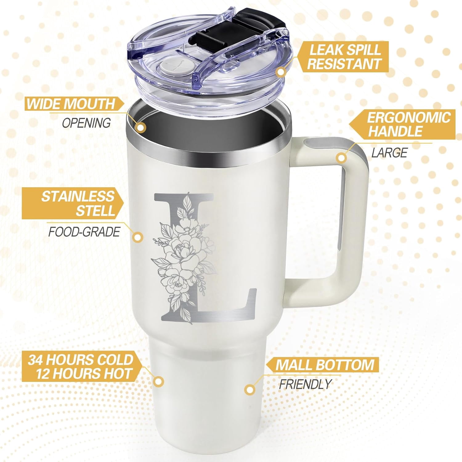 Birthday Gifts for Women, Gifts for Women, Monogrammed Gifts for Women, 40oz Initial Stainless Steel Tumbler with Straw and Lid - Personalized Christmas, Birthday Gifts for Best Friend Her Mom, L