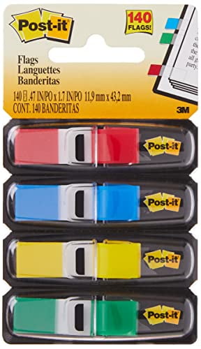 Post-it Flags, 35/Dispenser, 4 Dispensers/Pack.47 in Wide, Assorted Primary Colors (683-4)