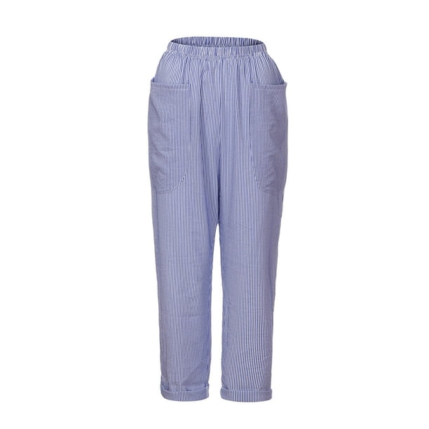 Gibobby Pantalones de Casuales para Mujer Pantalones sueltos de algodón Haren Pantalones de cintura alta de lino Pantalones de lápiz a rayas para mujer (Azul, M)