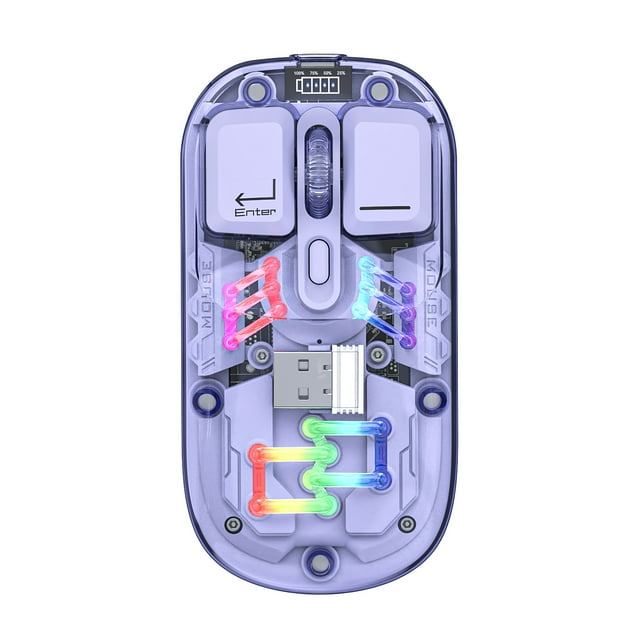 Graflsoa Transparent Purple Dual-Mode Wireless Mouse with RGB Lighting, 1600 DPI Adjustable, Magnetic Cover, Type-C Charging, 400mAh Battery, 2.4G+Bluetooth 5.0 Connectivity