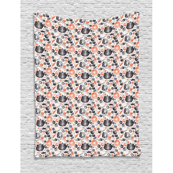 Sushi Tapestry, Authentic Asian Dishes Pattern with Shrimps Sushi Rolls and Wasabi Print, Wall Hanging for Bedroom Living Room Dorm Decor, 40W X 60L Inches, Black Salmon Beige, by Ambesonne