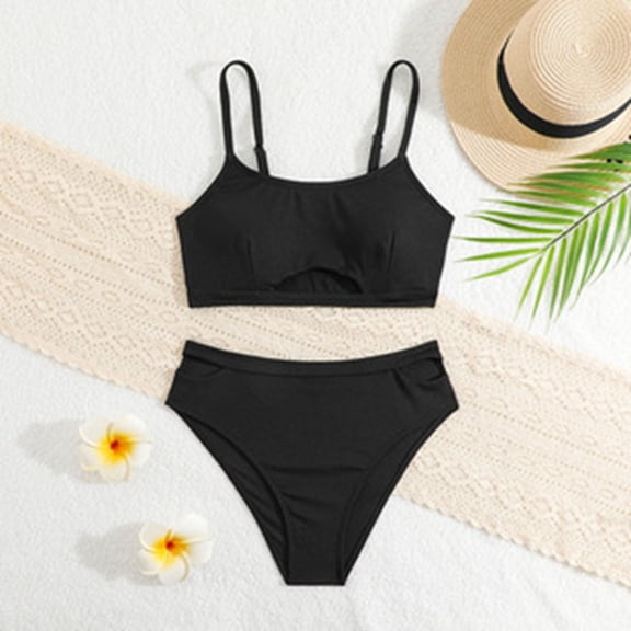 CUZIBR Girls Swimsuits Bikini Set 2 Piece Solid Color Adjustable Strap Top Bathing Suit High Waist Bottoms Fashion Swimwear Summer Beach Pool Breathable Beachwear,Black,13 Years