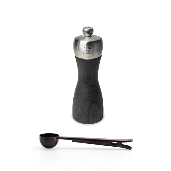 Peugeot - Fidji Manual Salt, Gift Set - Adjustable Grinder - Beechwood and Stainless Steel, Graphite Finish, 6 Inch - With Stainless Steel Spice Scoop & Clip