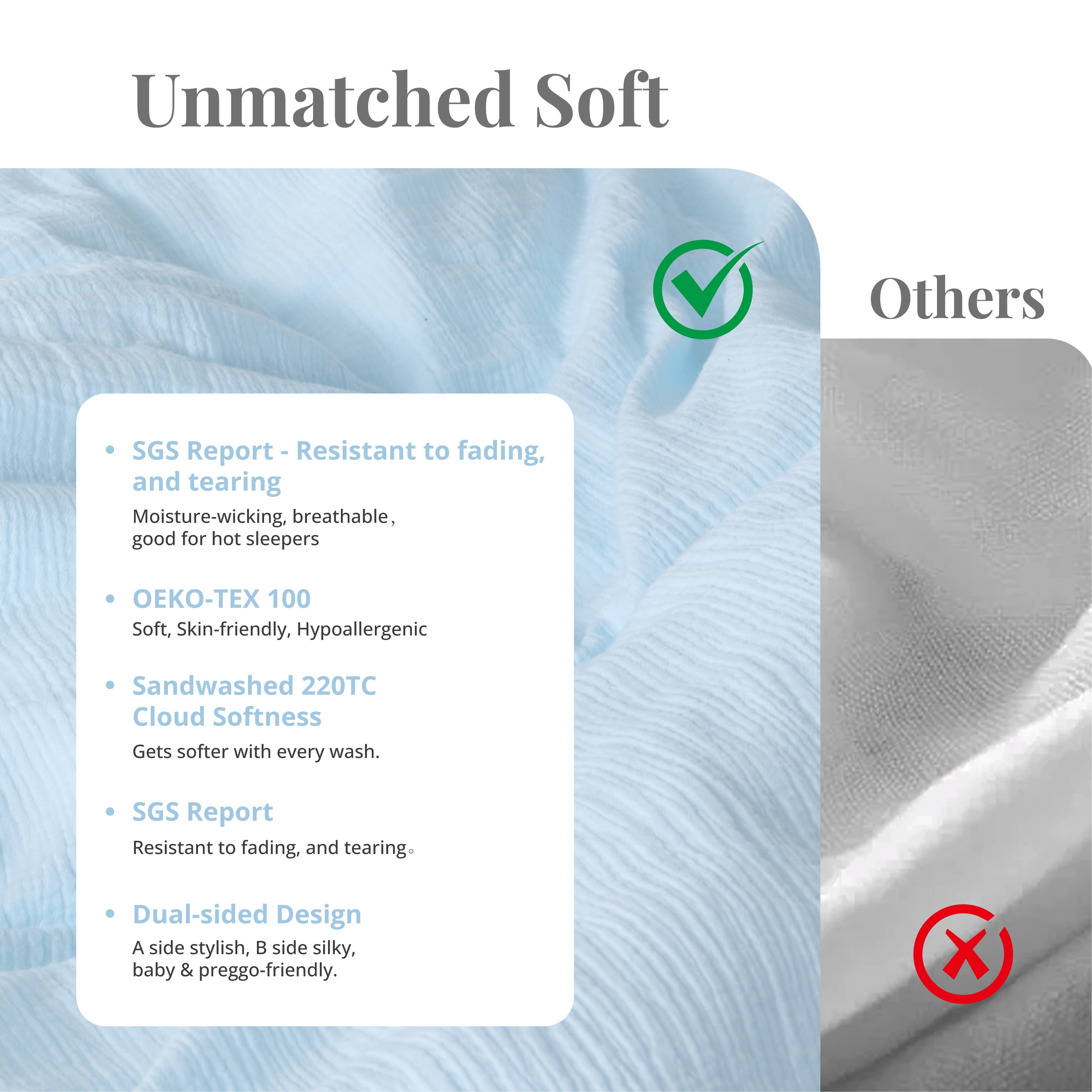 TechForma 100% Cotton Duvet Cover Set, Blue Double Layer Gauze Bed Set, 3 pcs Breathable & Crisp Soft Duvet Cover Set, Twin