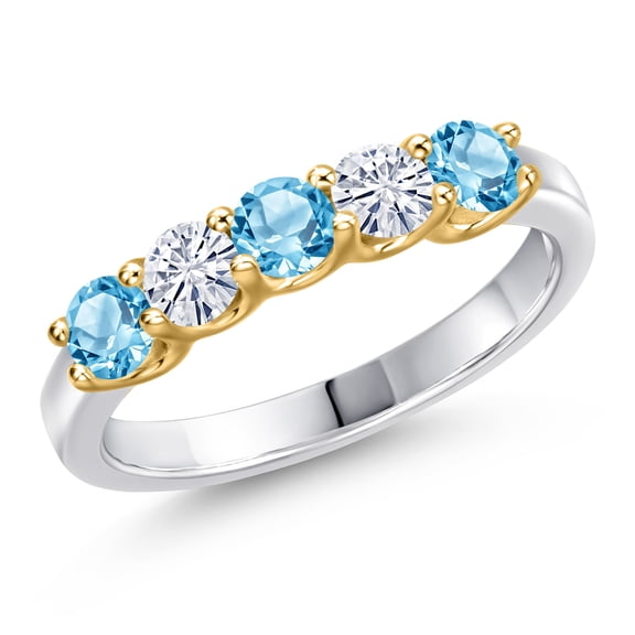 Gem Stone King 10K Two Tone Gold Swiss Blue Topaz and White Moissanite Wedding-Bands Ring for Women | 0.92 Cttw | Round 3.5MM | Gemstone November Birthstone | Size 5