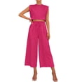 thumbnail image 3 of Women'S Two Piece Sets Casual Linen Sleeveless Crop Top Wide Leg Pants Summer Outfits Pink L, 3 of 6