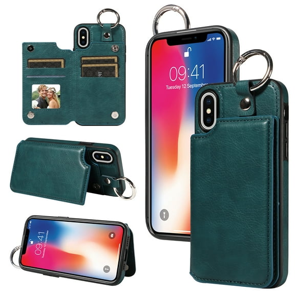 Feishell for iPhone XS/X Back Flip Wallet Case with ID Credit Card Slots & Metal Ring, Premium PU Leather Shockproof Magnetic Buckle Flip Kickstand Phone Case for Women Men,Green