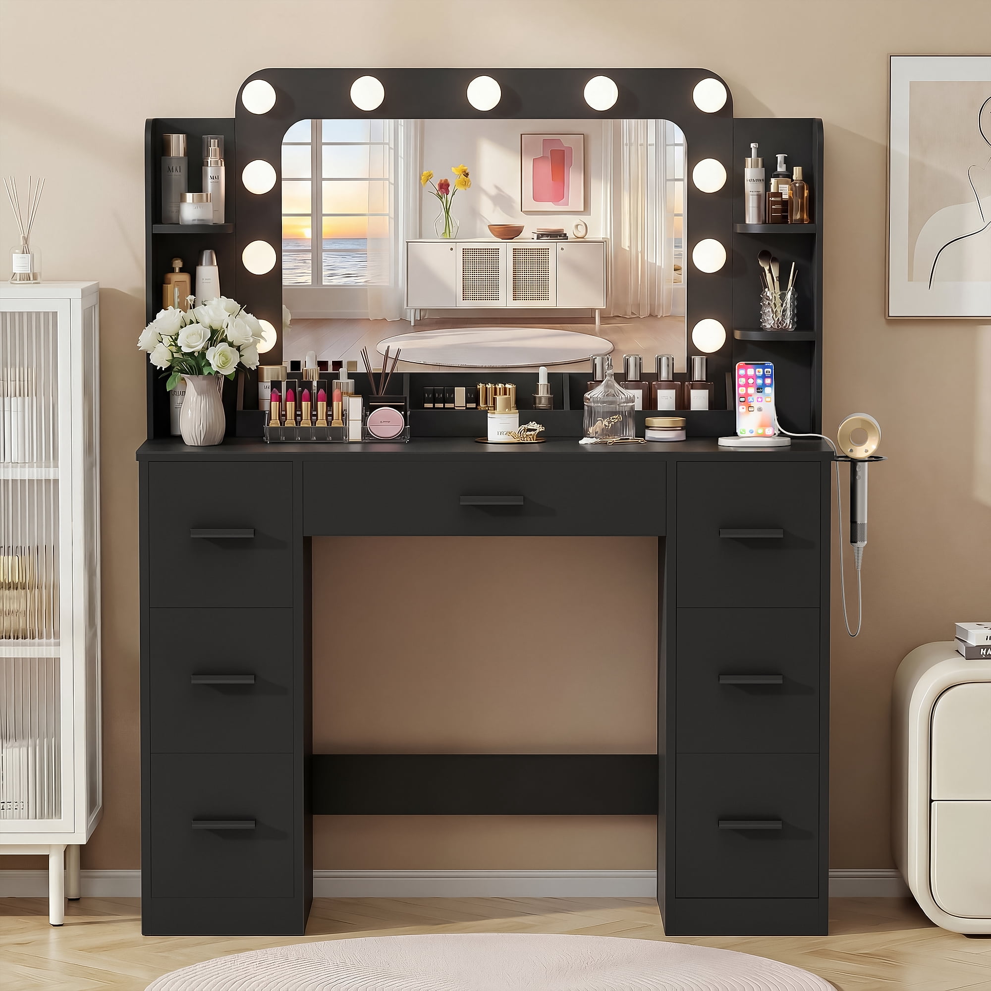Homall Vanity Desk with Lights & Mirror, Makeup Vanity Set with Power Outlet & Storage Drawers Shelves for Bedroom, Black