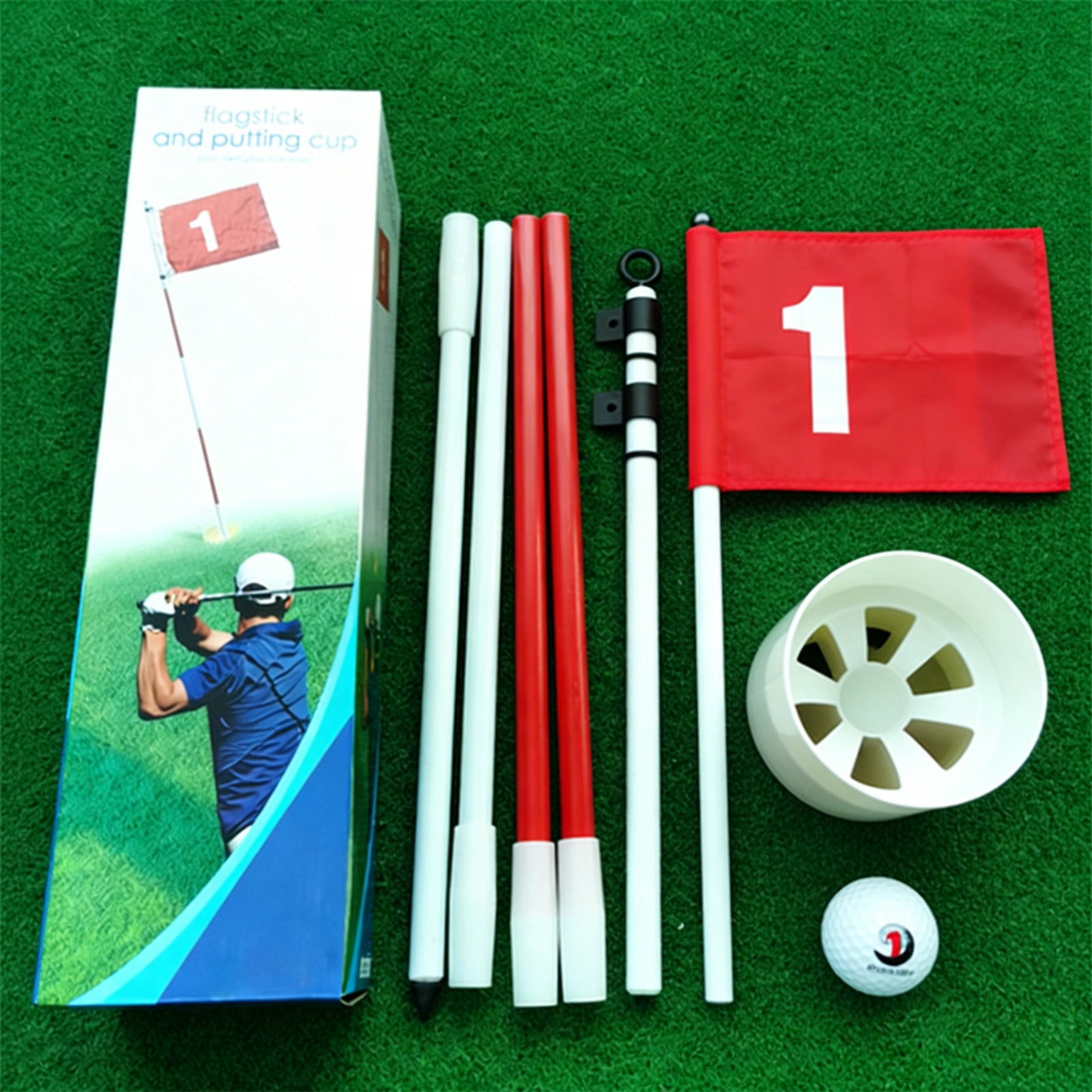 6ft Detachable Golf Flagstick Set With Click-Lock Joints - Portable 5-Piece Iron Pole Includes 20x14in Red Nylon Flag & ABS Hole Cup With Drainage For Home Practice