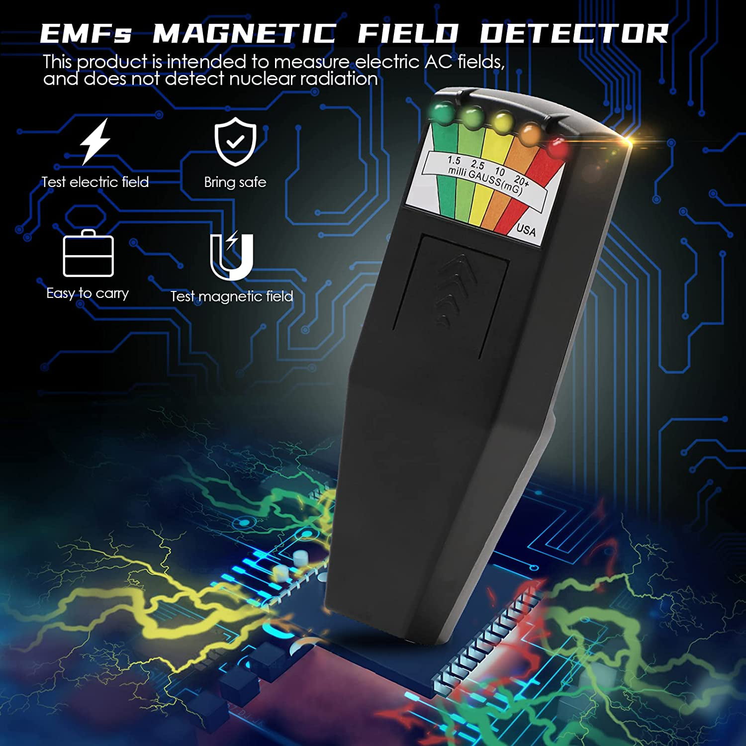 KII K2 EMF Meter Magnetic Field Detector Ghost Hunting Electromagnetic  Field EMF Gauss Meter 5 LED