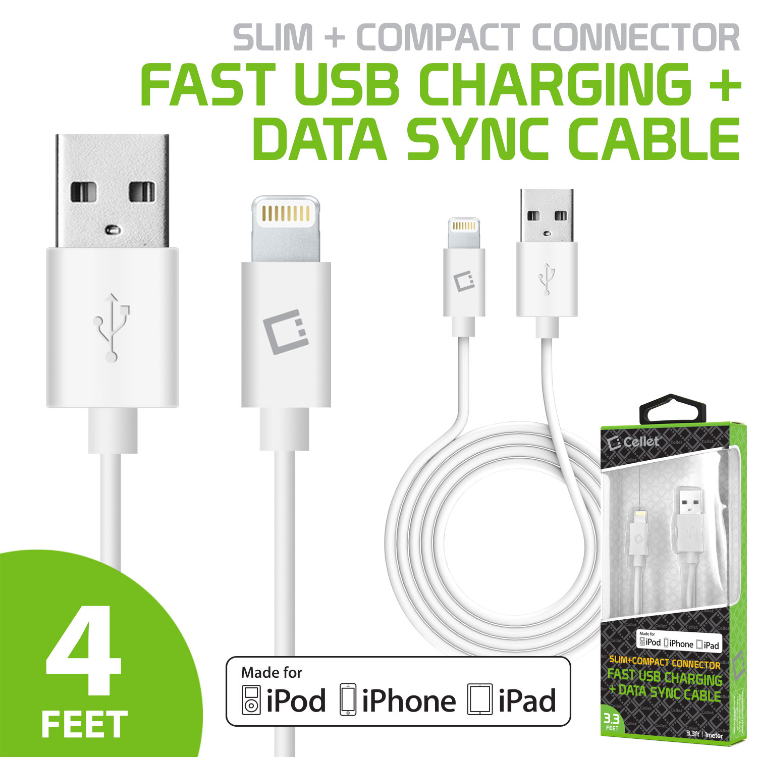 Cellet Lightning to USB Cable for iPhone X, 8, 7/ 7 Plus, 6 / 6s 6 Plus, 5s, 5c, SE, iPad Pro, Air 2, iPad mini 4, 3 2, and All Lightning Compatible Devices - White