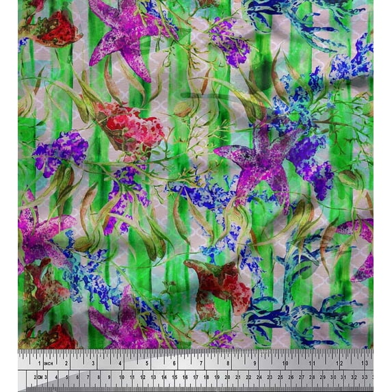 Soimoi Rayon Fabric Stripe,Coral,Starfish Ocean Printed Fabric 1 Yard 42 Inch Wide