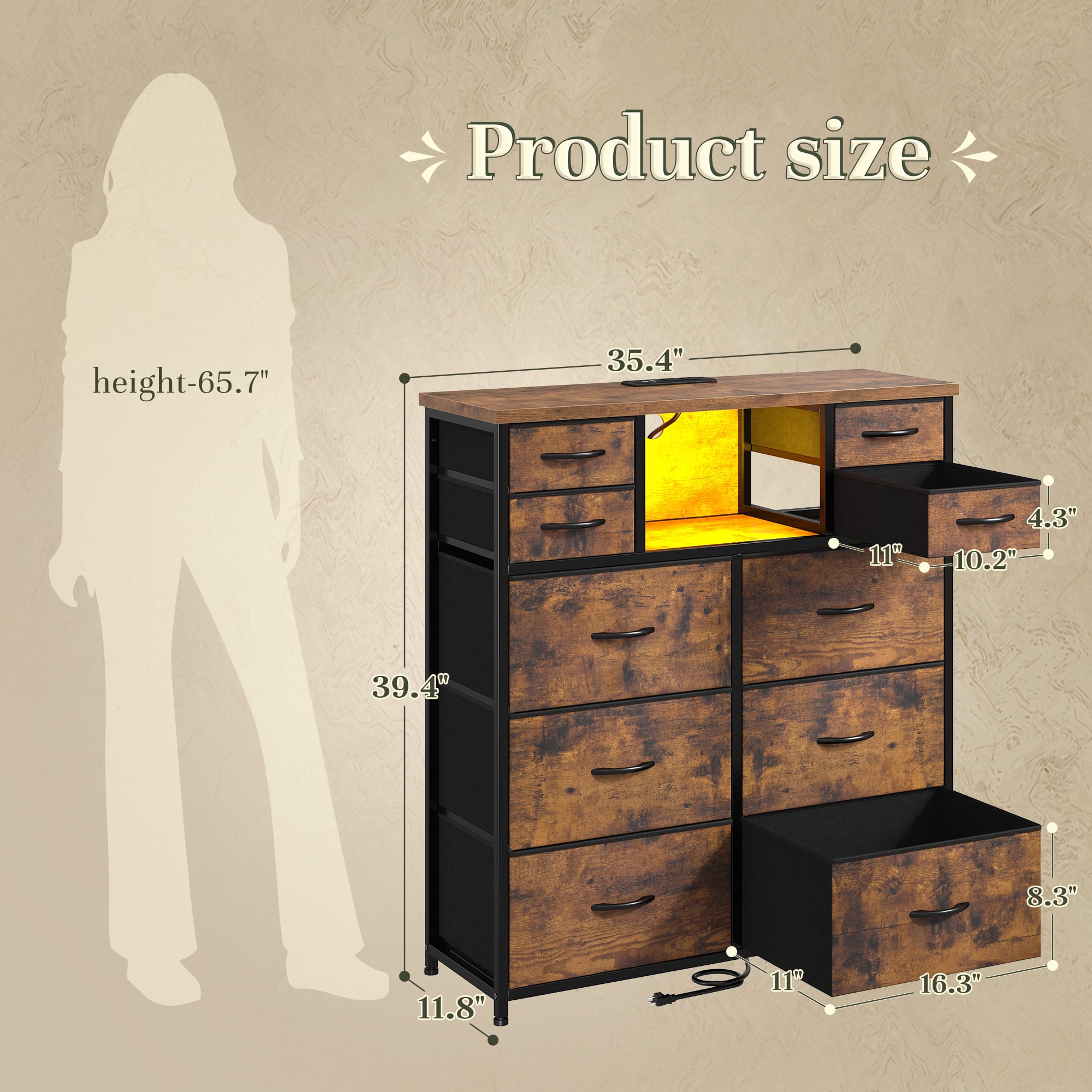 Enhomee Dresser for Bedroom with LED Lights & Charging Station Tall Chest of 10 Fabric Drawers with Storage Shelves, Rustic Brown
