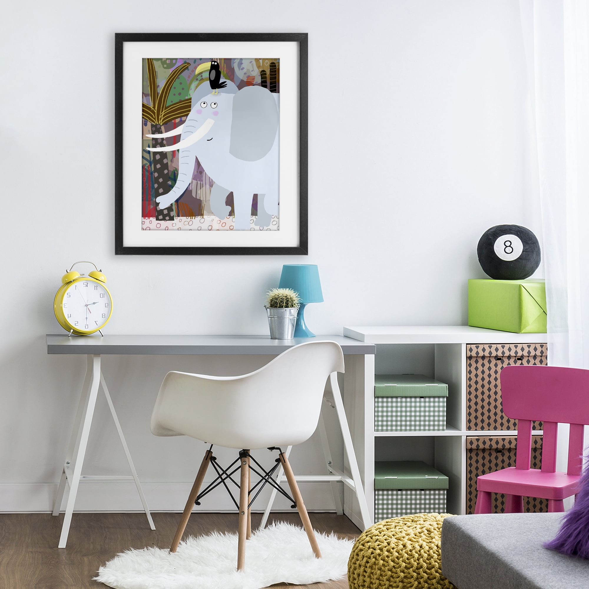 Elephant & Toucan in Jungle Black Framed Print Under Glass, design by Carla Daly