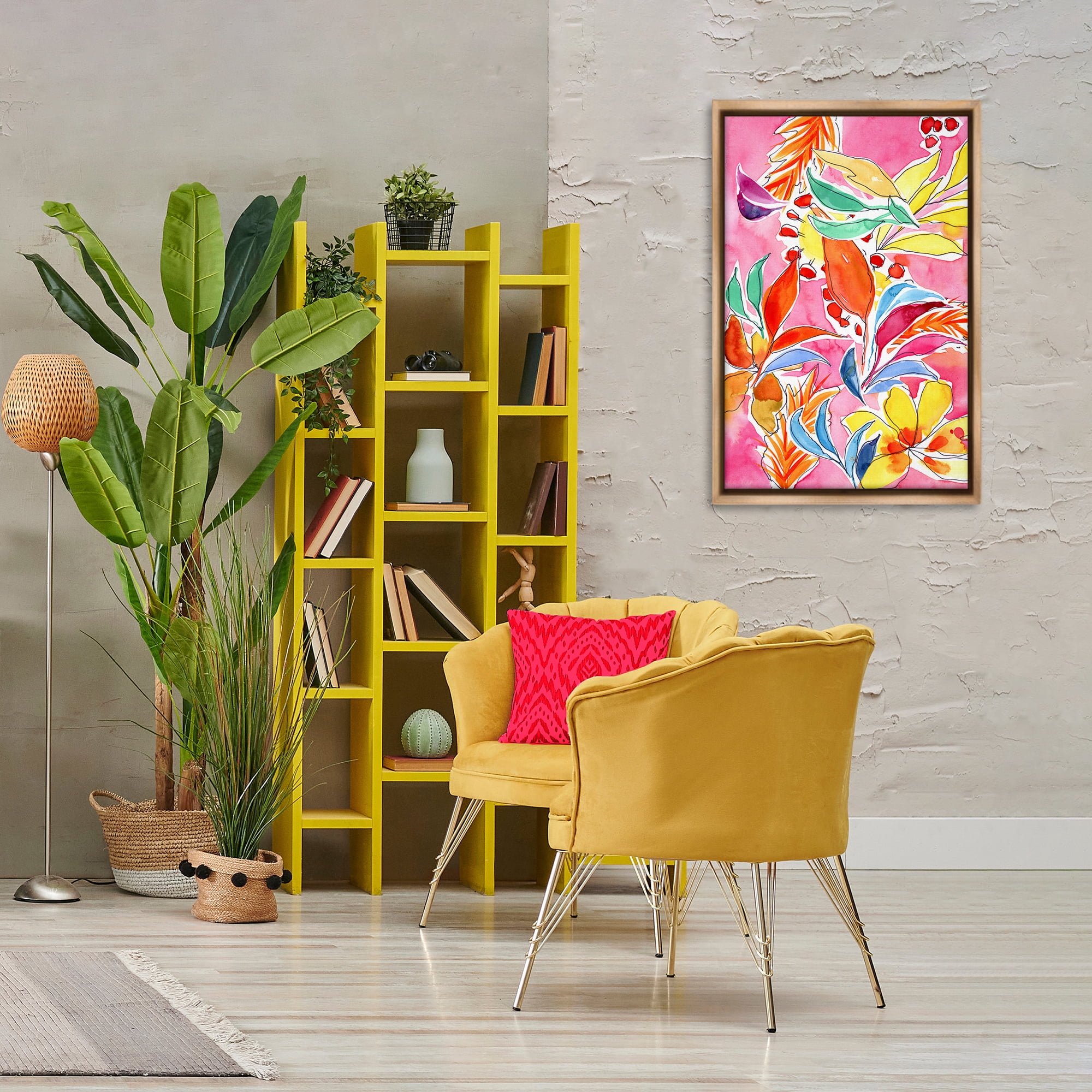 Stupell Industries Whimsical Leaves on Pink Plants & Flowers Painting Brown Floater Framed Canvas Art Print Wall Art, 21 x 31