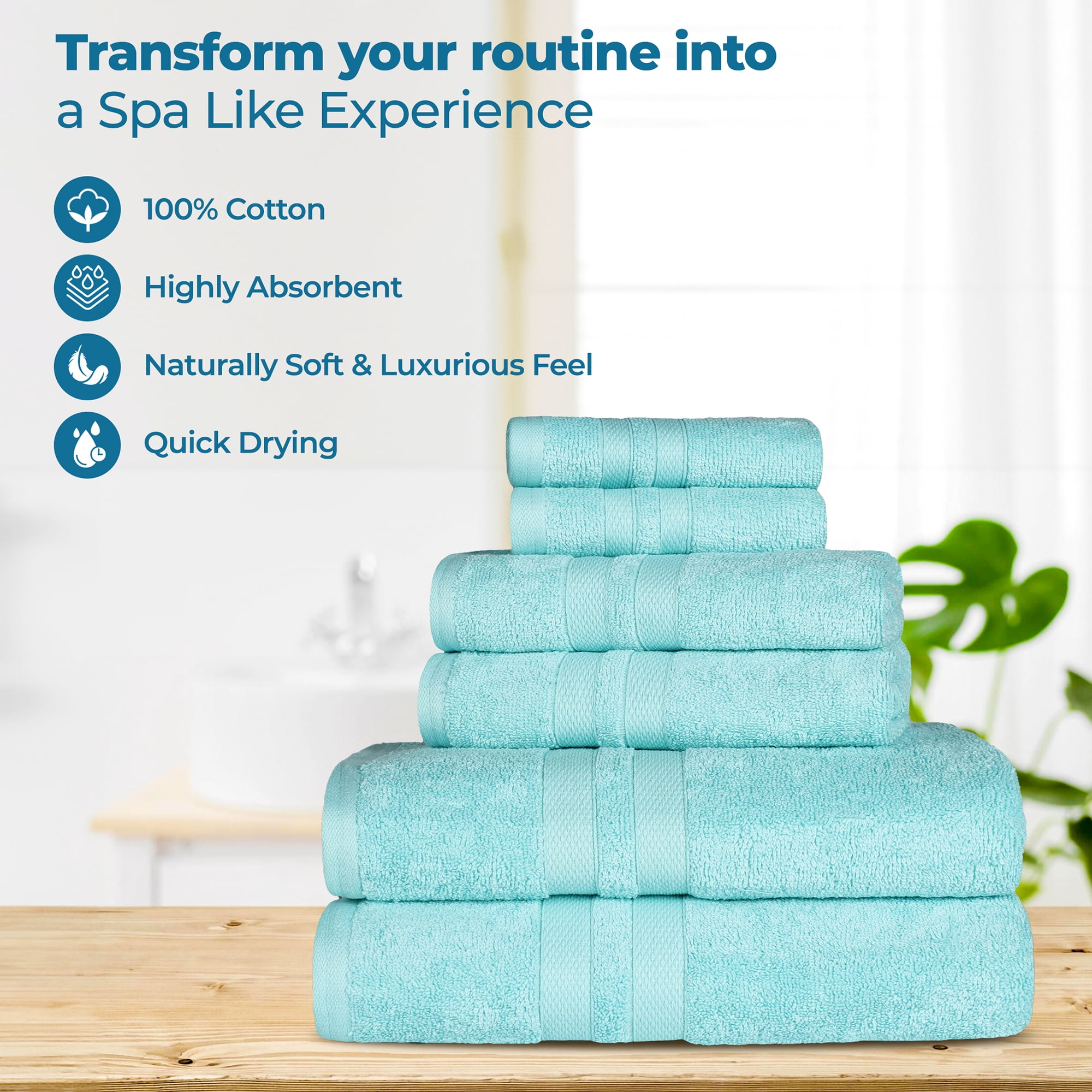 Superior Ultra Soft Cotton Solid 6-Piece Towel Sets, Cyan