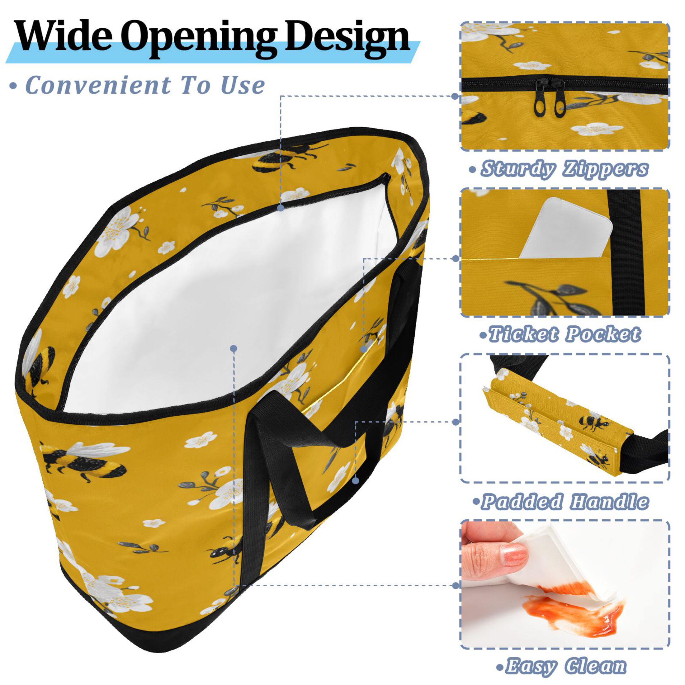 Extra-Large Wide Opening Design Capacity Hand-Held Ice Pack Thickened Insulation Layer For Long-Lasting Cold Retention For Outdoor Shopping Picnics And Camping Cute Cartoon Bees