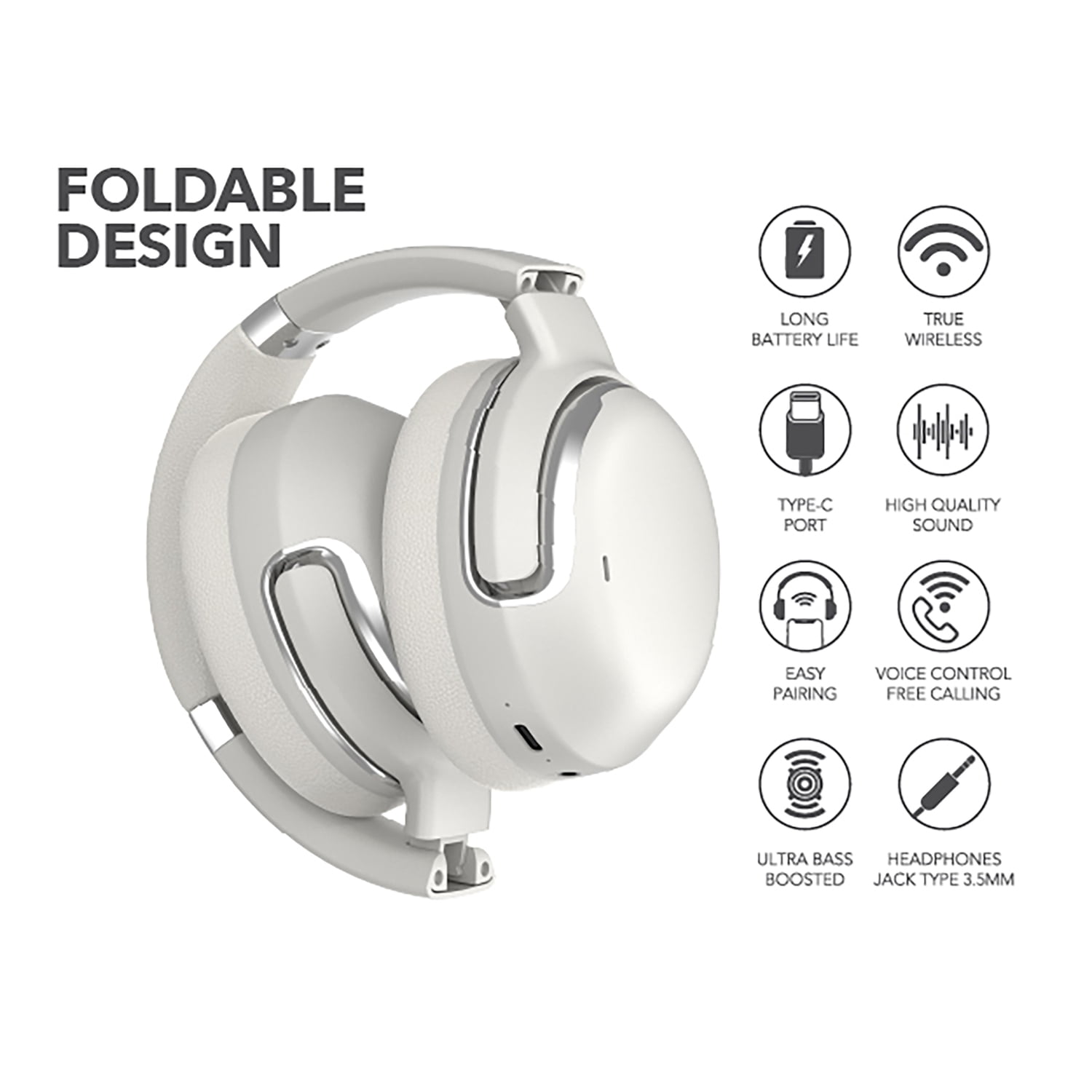 RCA WAVE-76 Audixa Bluetooth Flat-Folding On-Ear Headphones with Mics, ANC, On-Ear Controls, 3D Earpads, up to 12 Hours Play Time , Silver