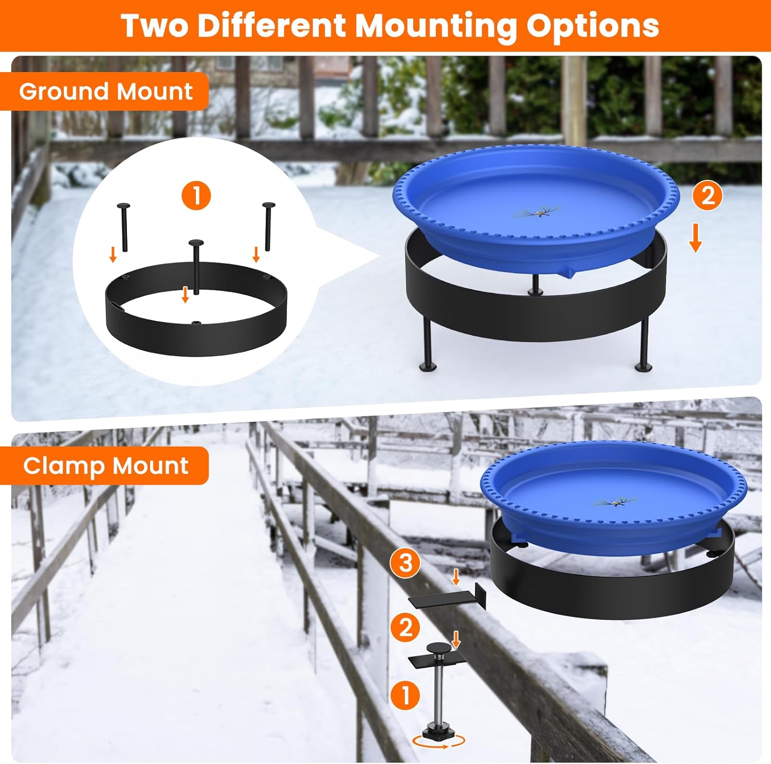 2 in 1 Heated Bird Bath for Outdoors for Winter,100W Bird Bath Heater with Thermostatically Controlled，Heated Bird Bath for Deck Railing for All Seasons Outdoor Garden Yard Patio Lawn