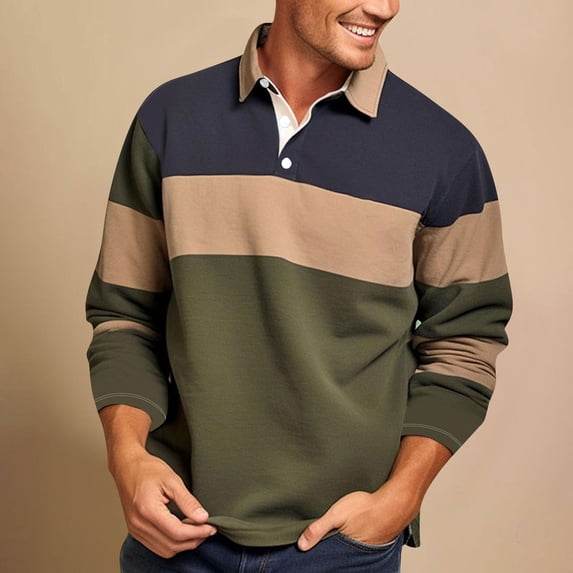 Zysthvn Long Sleeve Men Shirts Casual Fall Polo Golf Men T Shirt Vintage Button Comfy Turn Down Collar Color Block Tops