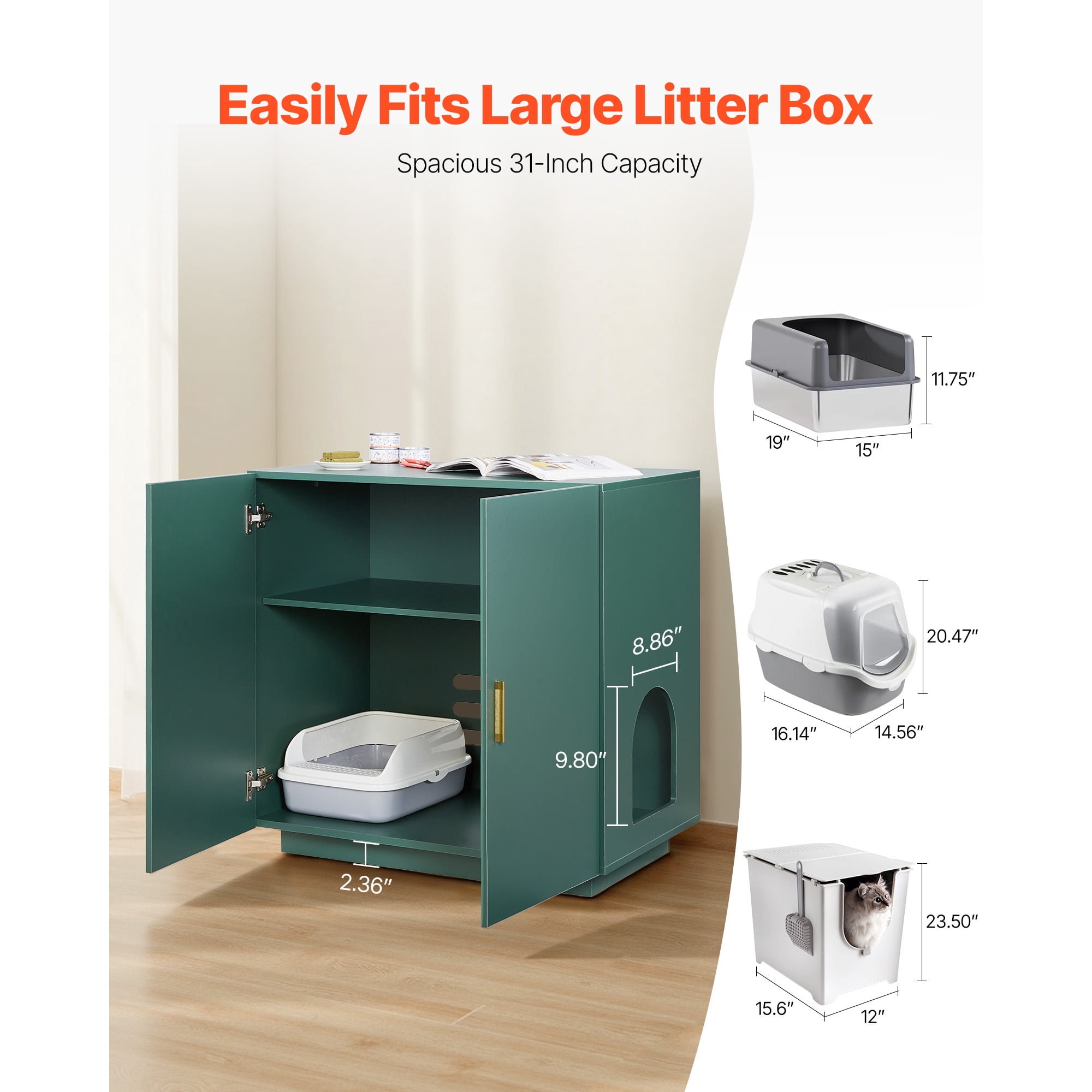 KFFKFF Wooden Cat Litter Box Cabinet, 31.5 in Hidden Enclosure with Ventilation Holes, Double-Door Indoor Cat Washroom, Multifunctional Pet Furniture and Side Table Compatible with Most Litter Boxes