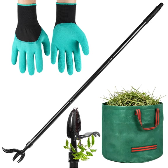 iFaveorr Stand Up Weeder Puller Tool 44.09 Inch Long Handle Weed Remover with 60L Weed Bag & Gardening Gloves for Lawn Garden Yard Weeding