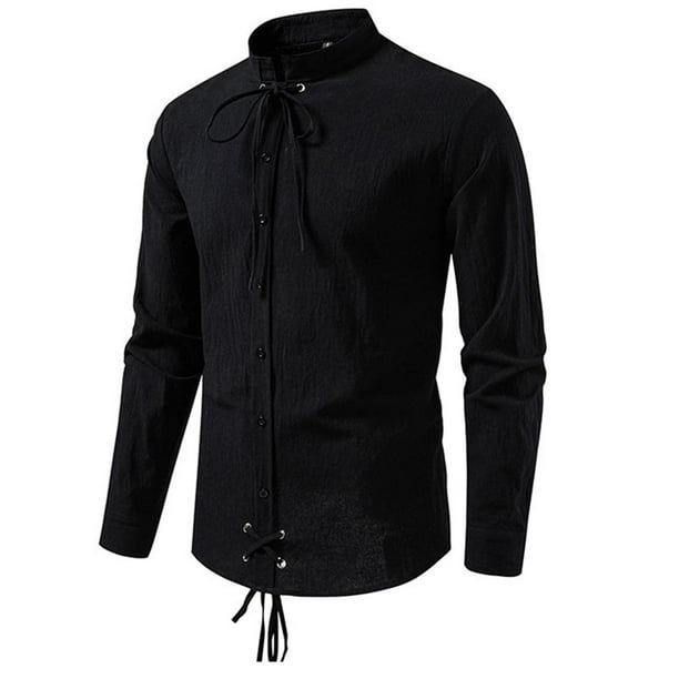 pstuiky camisa de manga larga para hombre, Top informal de manga larga con cuello alto y botones con cordón para hombre, de color liso y moderno camisetas de hombre xxl