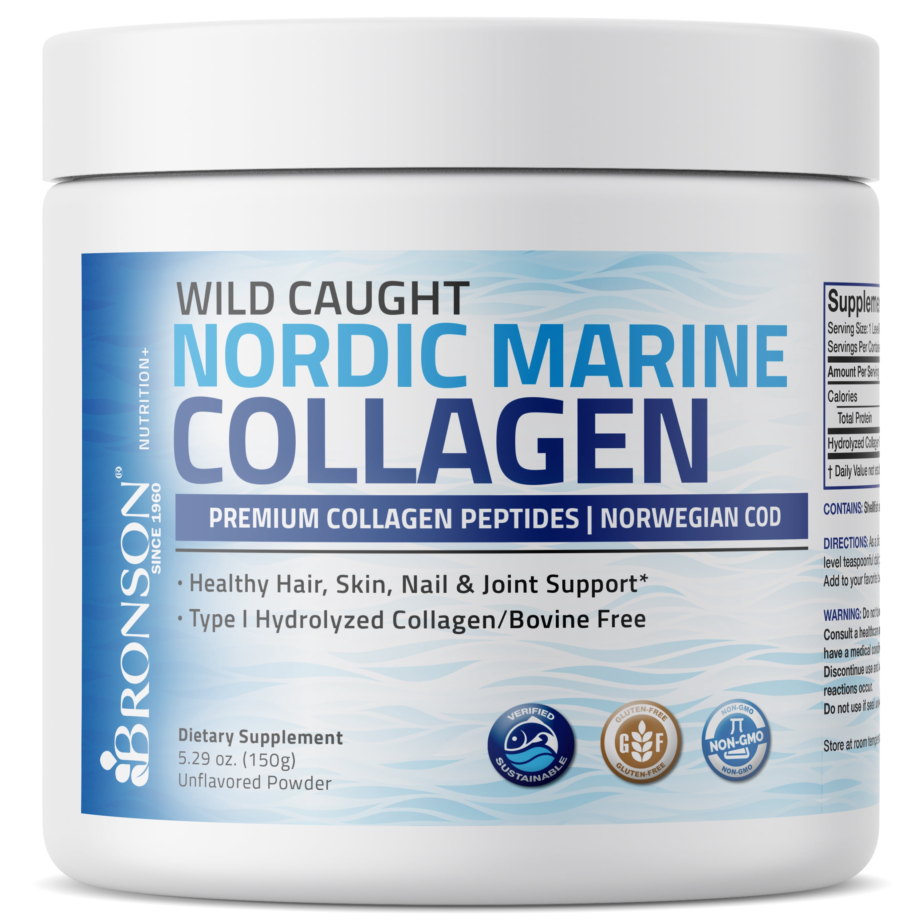 Bronson Marine Collagen Peptides Powder 100% Nordic Norwegian Cod Verified Sustainable Non-GMO Gluten Free, 150g (5.29 oz)