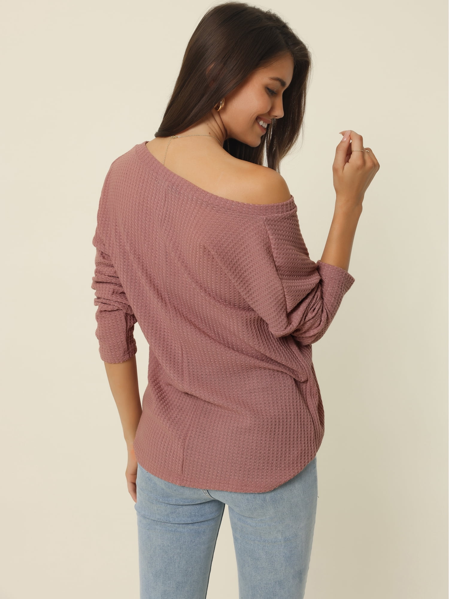 Women's Waffle Knit V Neck Long Sleeve Casual Blouse Lightweight Top L Brick Red