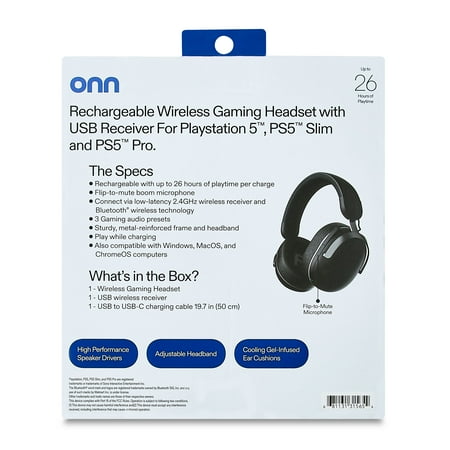 onn Wireless Gaming Headset Compatible with PlayStation 5, Bluetooth/2.4GHz, Black