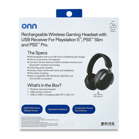 ONN WIRELESS GAMING HEADSET COMPATIBLE WITH PLAYSTATION 5, BLUETOOTH/2.4GHZ, BLACK