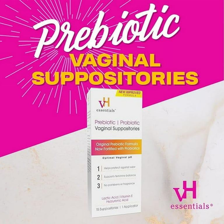 vH Essentials Prebiotic & Probiotic Vaginal Suppositories, pH Balance and Odor Control, Supports Feminine Intimate Health, 15-Count