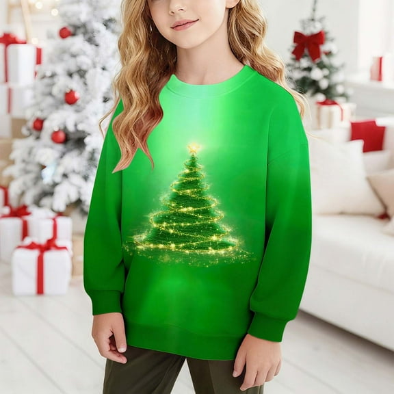 AUNVITO Cozy Stretchy Crewneck Sweatshirt for Boys & Girls 1-15Y Christmas Print Long Sleeve Soft Fleece Pullover Loose Fit Casual Kids Apparel