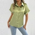 thumbnail image 2 of Olyvenn Fashion Satin Silk Button Down Shirts Women's Dress Shirts Collared Roll Up Short Sleeve Blouse Ladies Summer Office Work Tops Mint Green L, 2 of 6