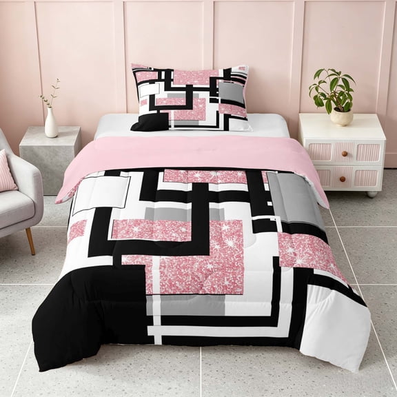 Homewish Modern Geometric Twin Comforter Sets, Pink White Black Bedding Set, Pink Reversible, 2 Pieces 1 Comforter and 1 Pillowcase